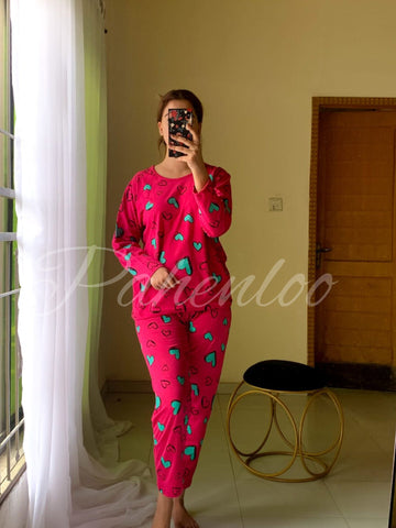 0024 Dark Pink Green Heart Full Sleeves With Printed Trouser