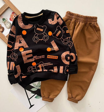 00001 Black Alphabet Hoos Printed Sweatshirt with Plain Camel Trouser