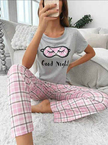 0004 Grey Good Night with Pink Check Printed Trouser