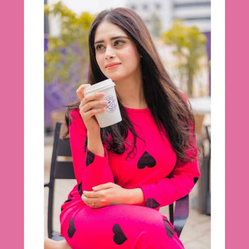 057 Shocking Pink With Hearts Full Sleeves Printed T.Shirt with Same as Trouser