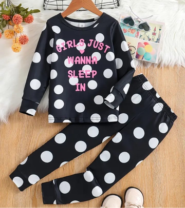 00001 Black Polka Dots Printed Full Sleeves T-shirt with Polka dot Printed Pajama Kids Suits (1 Pcs)