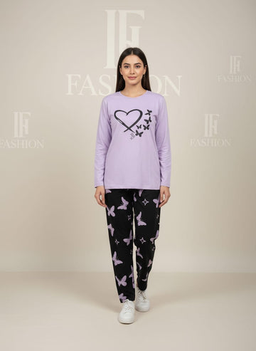 000 Purple Heart Butterflies full selives Tshirt with Black printed Butterflies Trouser
