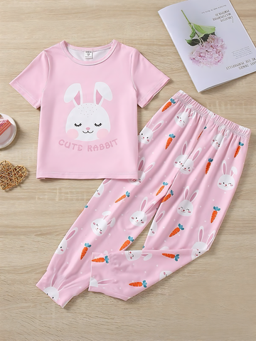 0001 Baby Pink Moon Cute Rabbit Printed Half Sleeves T-shirt with Bear Printed Pajama Kids Suits