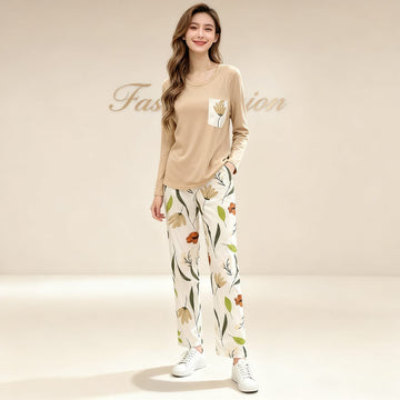000 Cream plain full selives Tshirt flower pocket with Printed flowers Trouser