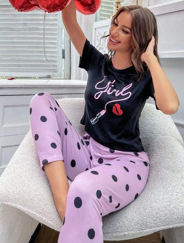0004 Black Girl Lipstick Printed Half Sleeves T-shirt With Lilac Polka dot Pajama Suit