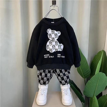 Black Bear Sweatshirt With Bw Print Black Trouser For Kids