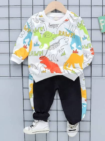 White Sweatshirt Multi Dinosaur With Black Trouser For Kids