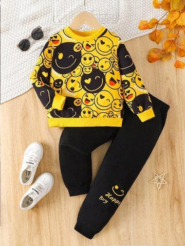 Yellow Emoji Sweatshirt With Black Trouser Happy Print For Kids