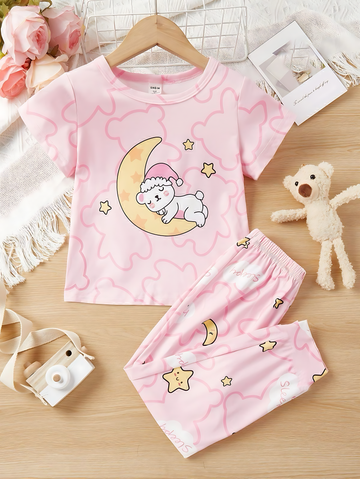 0001 Baby Pink Moon Bear Printed Half Sleeves T-shirt with Moon Star Printed Pajama Kids Suits