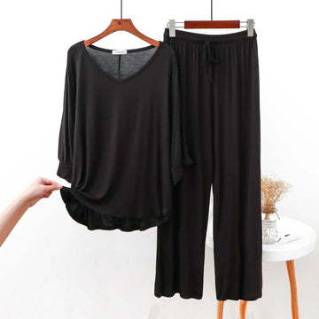 0000 Black V-Neck With Plazzo Trouser Night Suit