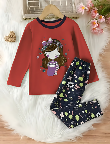 0002 Red Barbie Girl Printed Full Sleeves T-shirt with Flower Printed Pajama Kids Suits (1 Pcs)