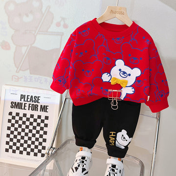 Red Bears Sweatshirt With Black Trouser Bear Print For Kids