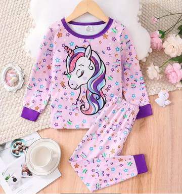 00001 Light Purple Unicorn Multi Star Printed Full Sleeves T-shirt with Star Printed Pajama Kids Suits (1 Pcs)