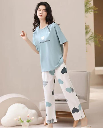 00000 Light Blue Heart print T.shirt With printed hearts Trouser