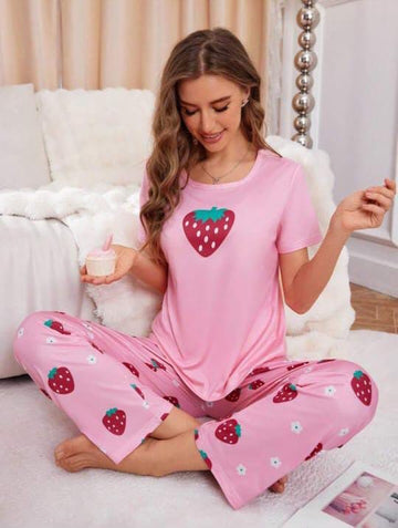 001 BabyPink Strawberry Printed Half Sleeves With Printed Trouser