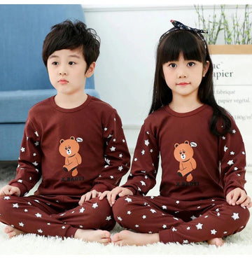 Dark Brown Bear Full Selives Tshirt With Same Star print Trouser