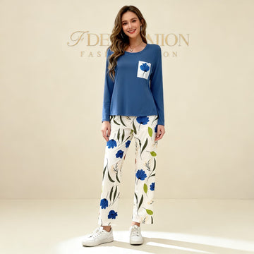 000 Blue plain full selives Tshirt flower pocket with Printed flowers Trouser