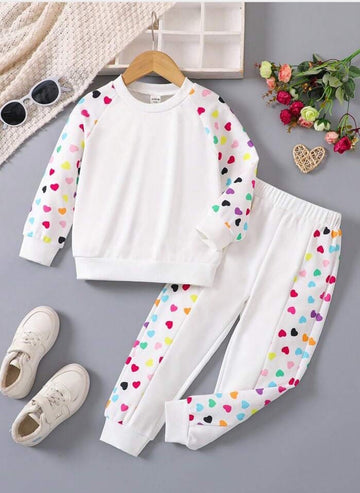 White Plain Sweatshirt Multi Heart On sleeves With Same Trouser For Kids