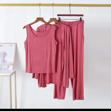 3Pcs Sleepwear (Sando Shrug Trouser) Dark Pink