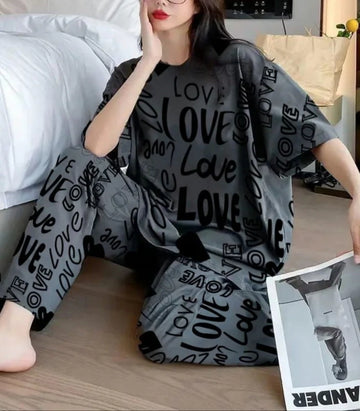 001 GREY FULL LOVE & HEART PRINTED T SHIRT HALF SLEEVES WITH PRINTED TROUSER