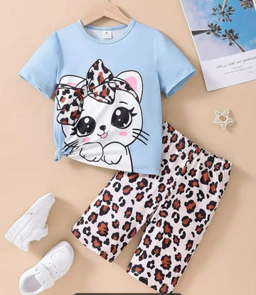 0000 Sky Blue Cute Kitty Full Sleeves T-shirt with cheetah Printed Pajama Kids Suits (1 Pcs)