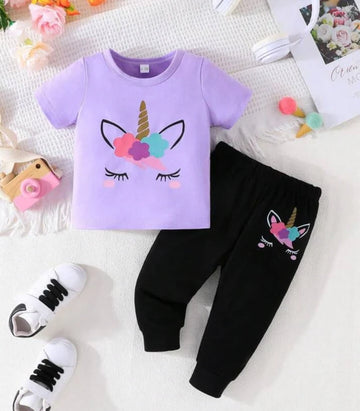 01 Purple Unicorn Printed half Sleeves T-shirt with Black Printed Pajama Kids Suits (1 Pcs)