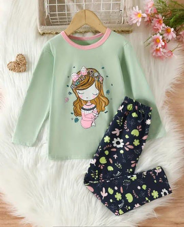 0001 Green Barbie Girl Printed Full Sleeves T-shirt with Flower Printed Pajama Kids Suits (1 Pcs)