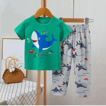 Baby Or Baba Blue Shark Print Half Sleeves T-shirt With Printed Pajama Suit for Kids (1 Pcs)