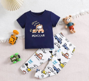 02 Baby or Baba Navy Blue Mini Car Printed Half Sleeves T-shirt with Car Printed Pajama Kids Suits (1 Pcs)