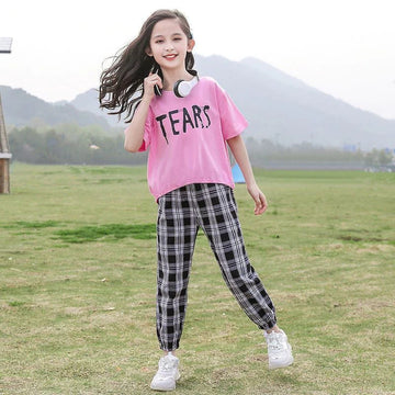Baby Or Baba Pink Tears Print Half Sleeves T-shirt With Check Printed Pajama Suit for Kids (1 Pcs)