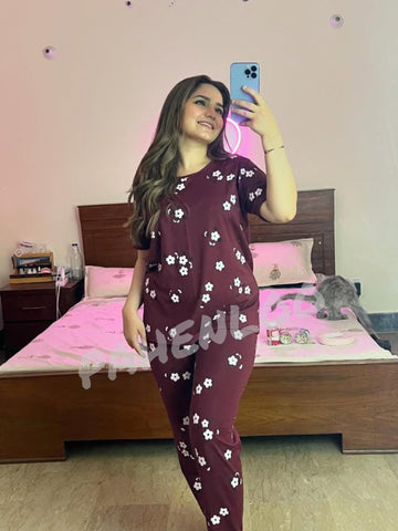 00001 MAROON FLOWER HALF SLEEVES WITH PRINTED TROUSER