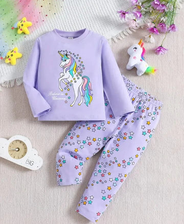 00001 Purple Unicorn Star Printed Full Sleeves T-shirt with Star Printed Pajama Kids Suits (1 Pcs)