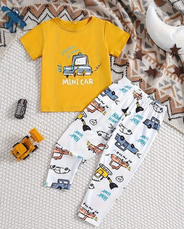 001 Baby or Baba Yellow Mini Car Printed Half Sleeves T-shirt with Car Printed Pajama Kids Suits (1 Pcs)