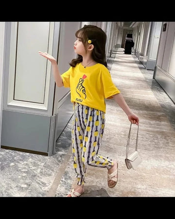 Baby Or Baba Yellow Hand Print Half Sleeves T-shirt With Pineapple Printed Pajama Suit for Kids (1 Pcs)