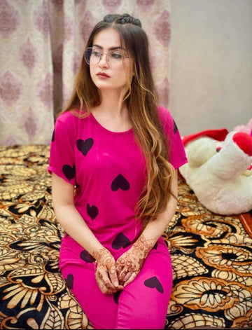 058 Shocking Pink With Hearts Half Sleeves Printed T.Shirt with Same as Trouser