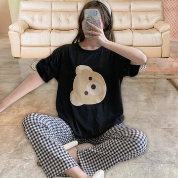 007Black Bear Printed half sleeves T-shirt with Check Trouser Suit