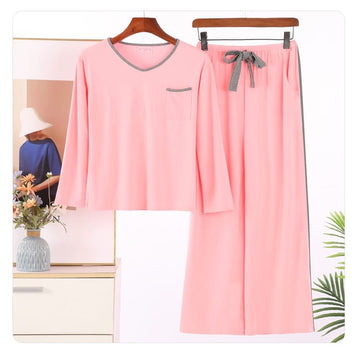 Baby Pink Plain Grey Lace for Neck With Plazzo Trouser Night Suit
