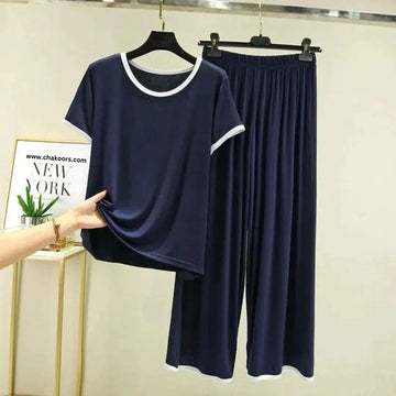 0020 Navy Blue Plain white lace for Neck With Plazzo Trouser Night Suit