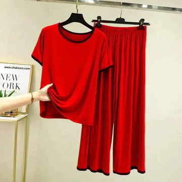 0020 Red Plain Black lace for Neck With Plazzo Trouser Night Suit