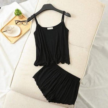 BLACK T SHIRT SLEEVES LESS WITH SHORT CAMI SET
