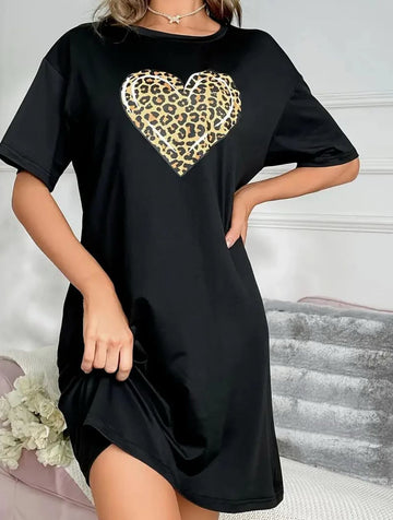 Black Cheetah Heart Print Long Shirt For Women