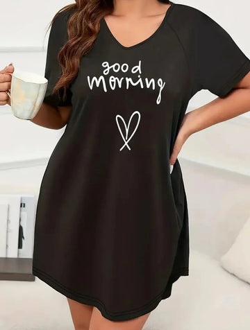 Black Good Morning Print Long Shirt For Women