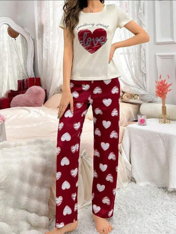 0003 Offwhite Red Love Heart Printed Half Sleeves T-shirt With Heart Printed Pajama Suit