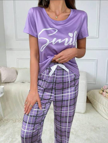 0003 Lilac Smile Printed Half Sleeves T-shirt Check Pajama Suit