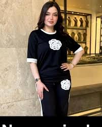 002 Black T Shirt White Flower With Black Trouser With Flower Track suit