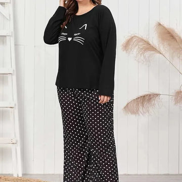 037 Black Cat Printed T.shirt With Dotted print Trouser