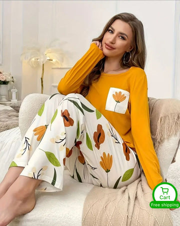 0000 Mustard Front Floral printed Full Sleeves T-shirt With Floral Printed Pajama Suit