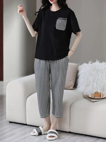 00001 Black Plain Check Pocket Printed Half Sleeves T-shirt With Check Printed Pajama Suit