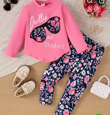 0000 Baby Pink Glasses Printed Sweatshirt With Floral Printed Fleece Trouser Tracksuit For Kids