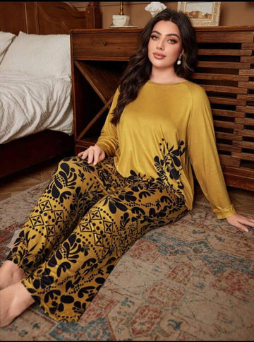 0000 Mustard Sided Leaf Printed Full Sleeves T-shirt With Leaf Printed Pajama Suit